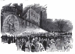 Salvation Army outdoor projection of Rock of Ages hymn slide on the side of a hotel, Melbourne 1894