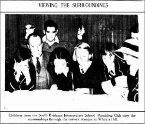 ‘Children from the South Brisbane Intermediate School Rambling Club view the surroundings through the camera obscura at White’s Hill’, The Telegraph, 18 July 1936, p30